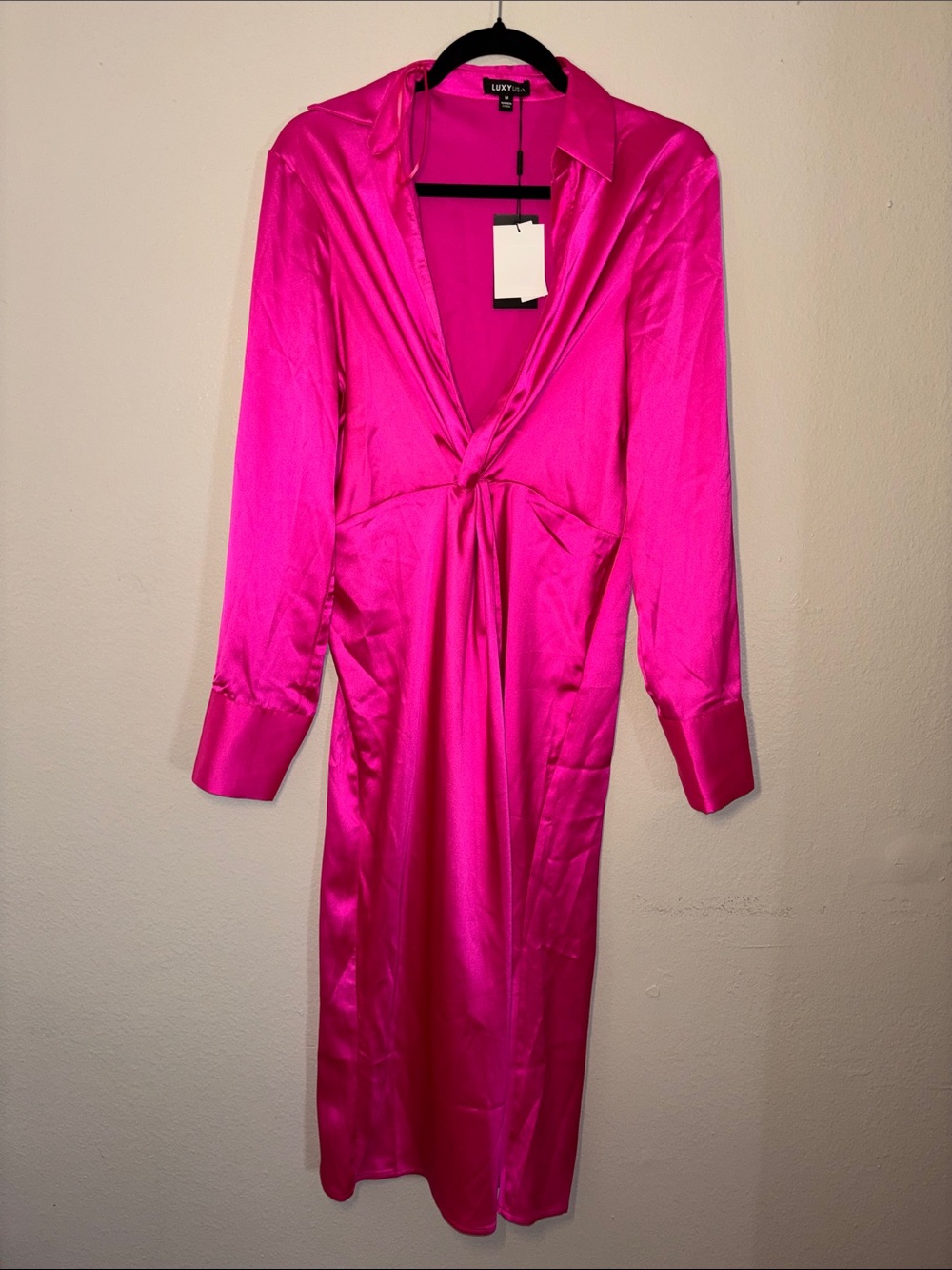 NY&COMPANY Luxyusa Hot Pink Satin Twist-Front Long Sleeve Dress